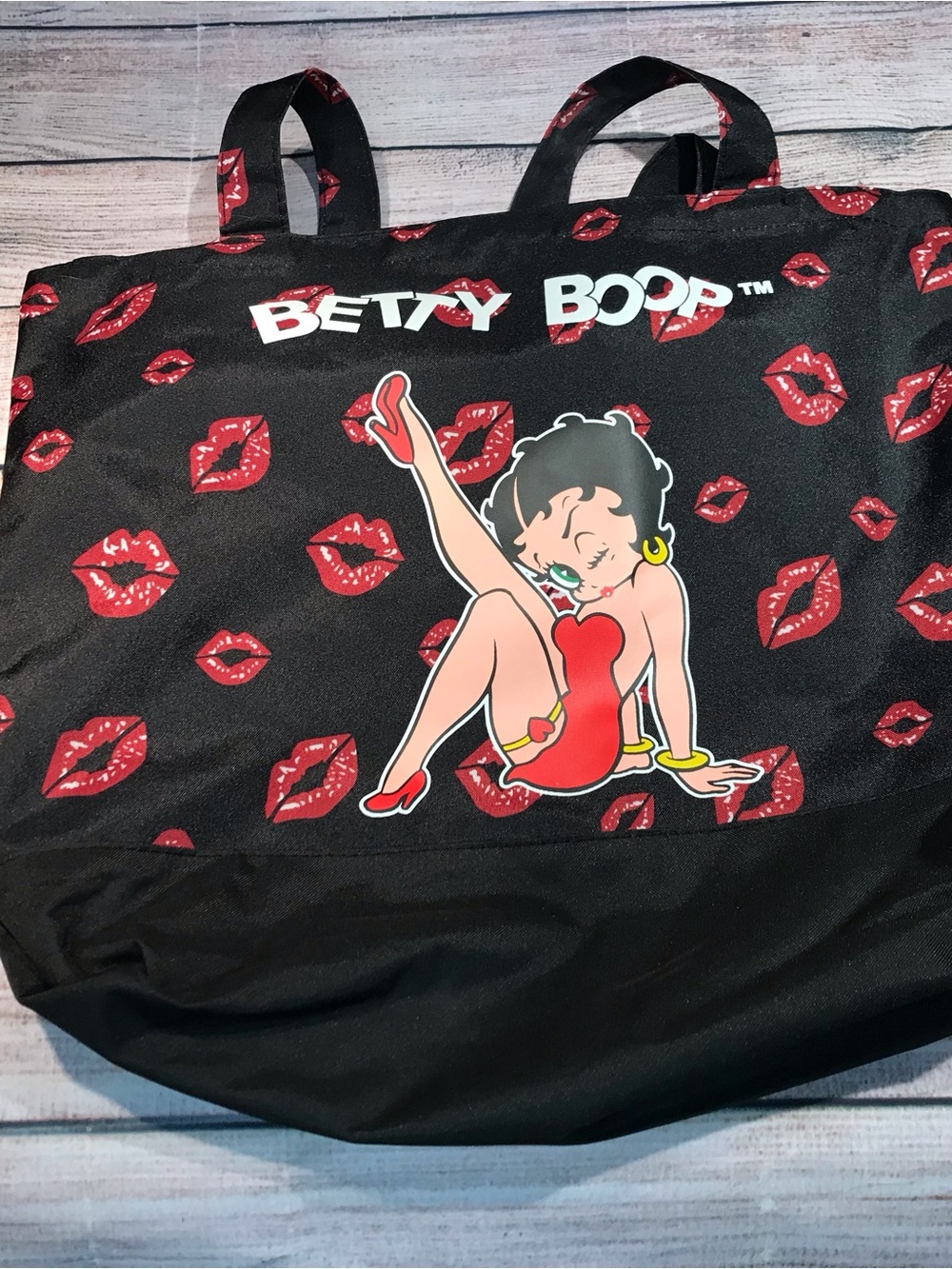 Betty Boop Black Tote with Red Lip Print and Character Art